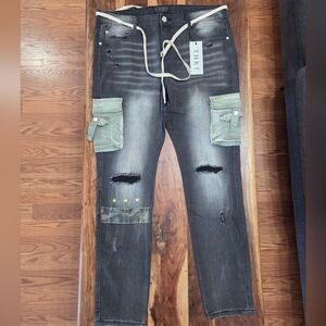 THRT's Distressed Black Vintage Washed Jeans with Green Pockets